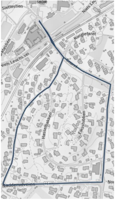 Kart som viser rute barnetog Eiksmarka skole