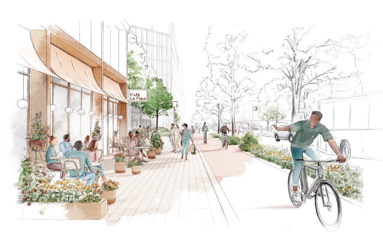 Illustrasjon som viser hvordan en bygate kan se ut på Fornebu sør