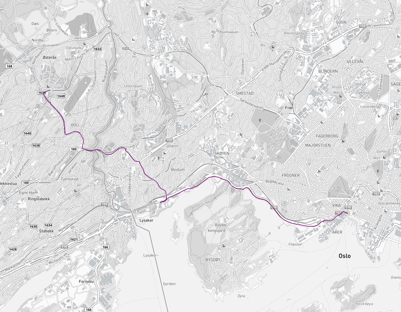 Sykkelkart: Fra Østerås T til Rådhusplassen via Vækerø (34 minutter).